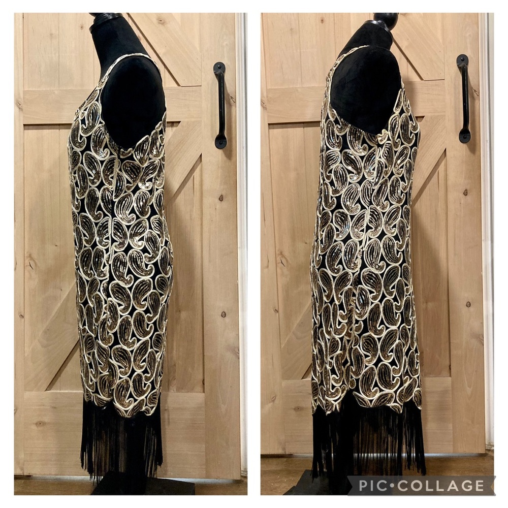Black and Gold Sleeveless Sheath Dress Fringe Paisley Sequins - Picture 2 of 15